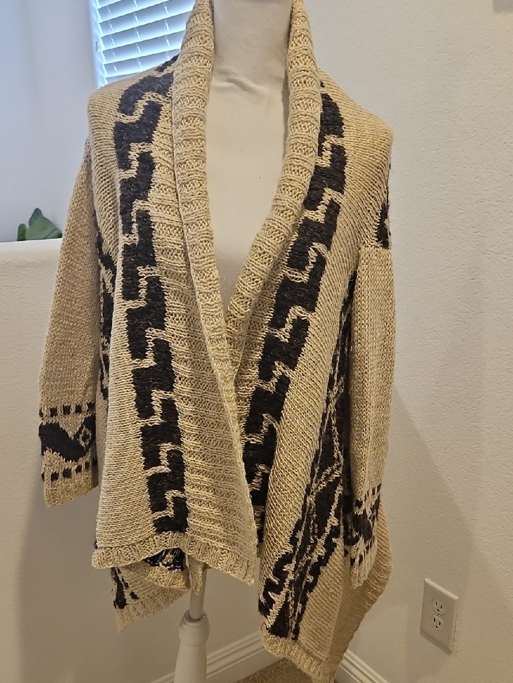 Ralph Lauren Hand Knit Open-Front Shawl Cardigan Sweater in Beige and Brown M/L